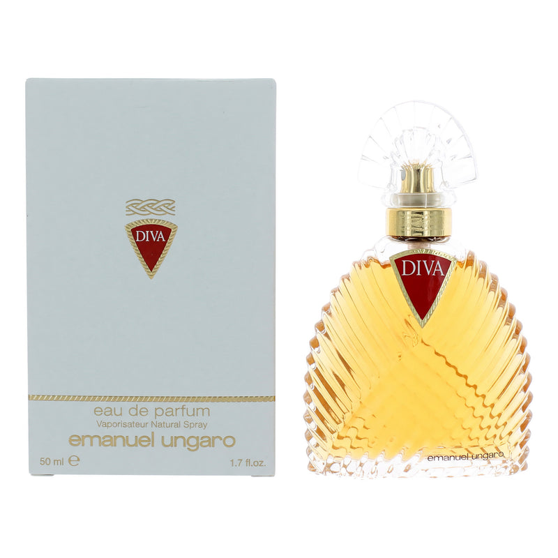 Emanuel Ungaro Diva 1.7 oz women's EDP spray bottle, elegant packaging with floral design, showcasing the perfume.