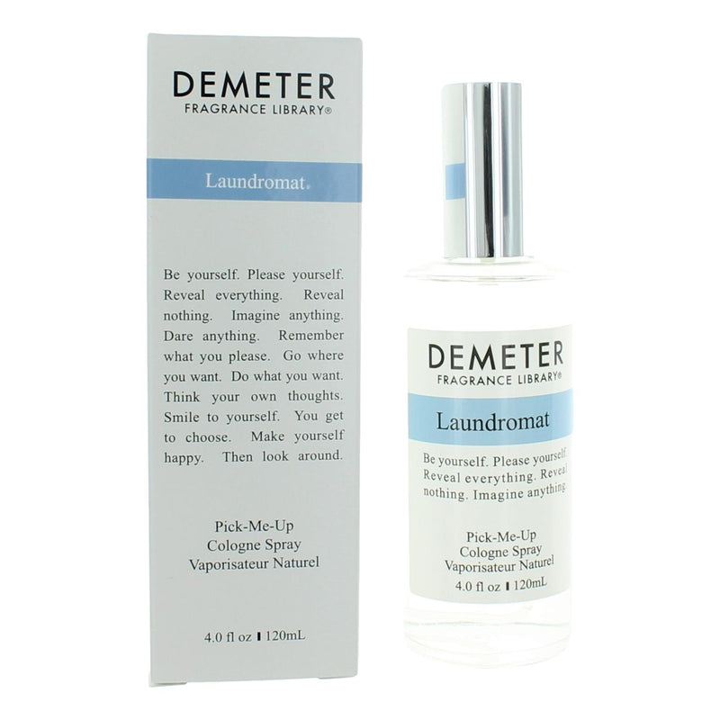 Demeter Laundromat 4 oz Pick-Me-Up unisex cologne spray bottle with white label and silver cap on a plain background
