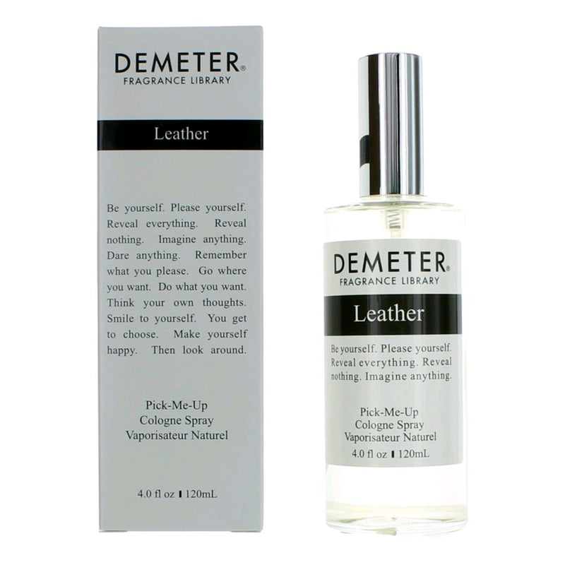 Demeter Leather cologne spray for men in a 4 oz bottle, featuring a sleek design and leather-inspired branding.