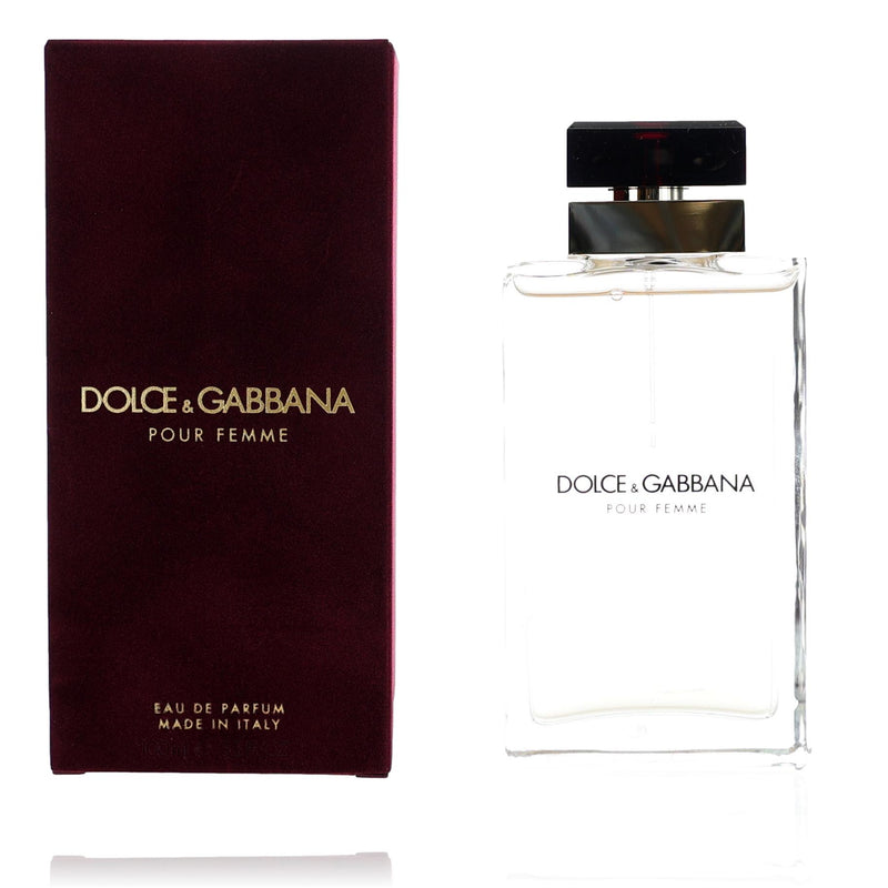 Dolce & Gabbana Pour Femme 3.3oz EDP spray for women, elegant perfume bottle with floral design and gold accents