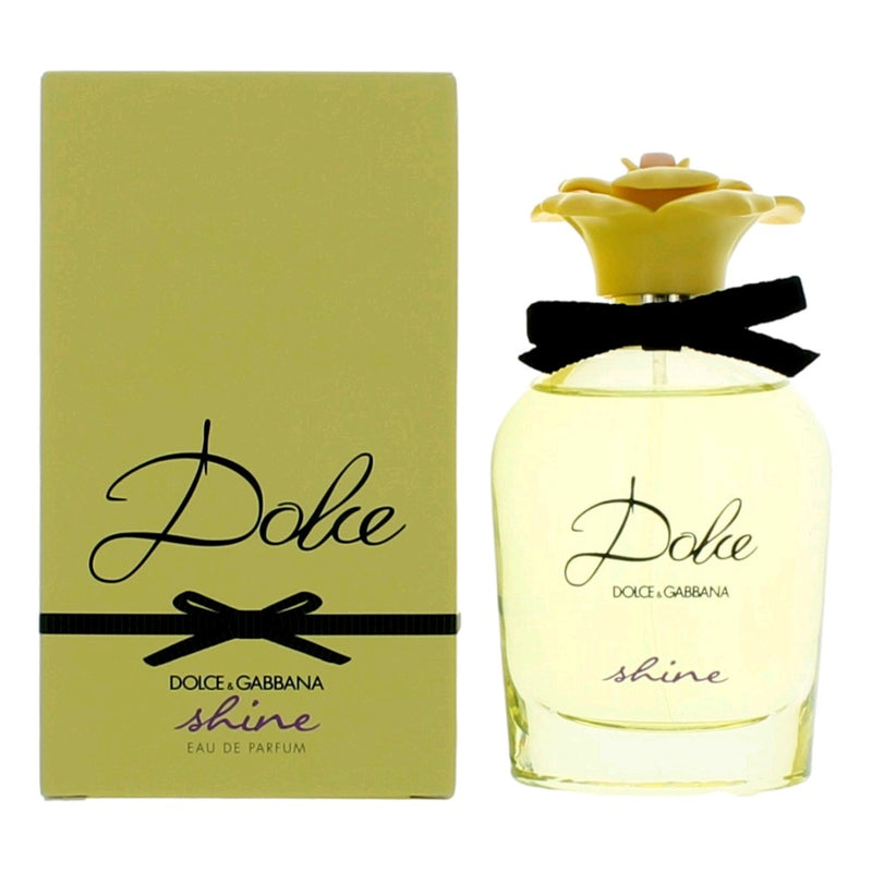 Dolce Shine by Dolce & Gabbana 2.5 oz Eau de Parfum spray for women, sleek perfume bottle with gold accents.