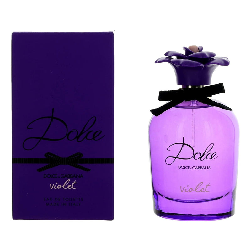 Dolce Violet by Dolce & Gabbana 2.5 oz EDT spray for women, with a sleek purple perfume bottle and floral design.