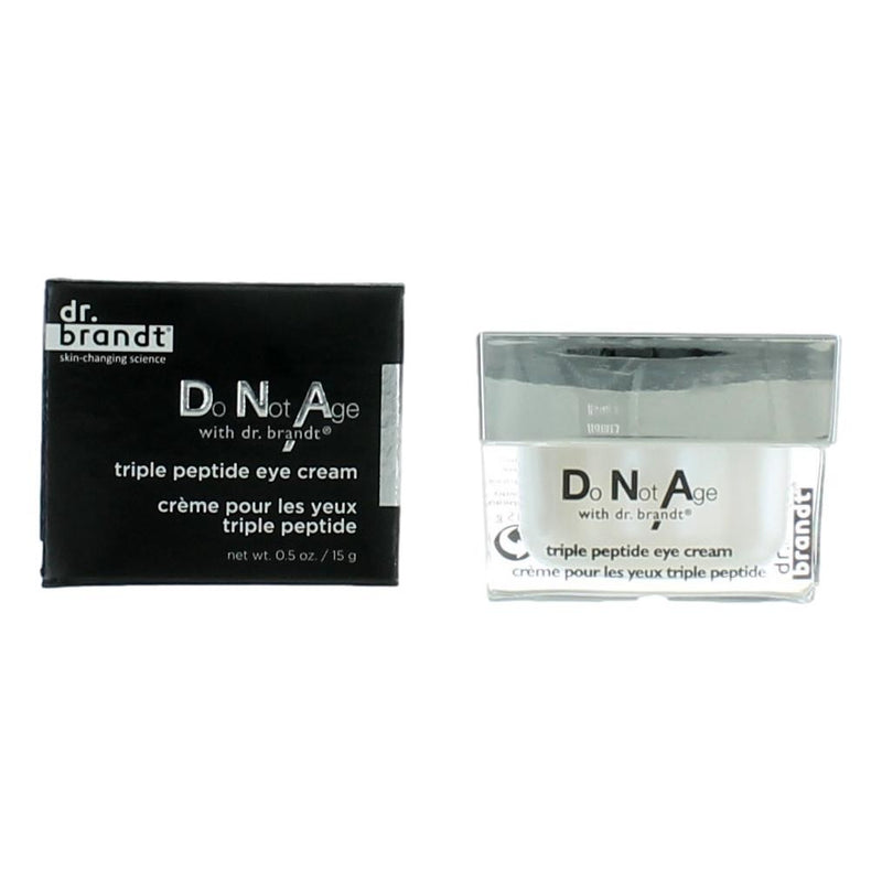 Dr. Brandt Do Not Age Triple Peptide Eye Cream in a 0.5 oz jar, showcasing the physical packaging and product texture.
