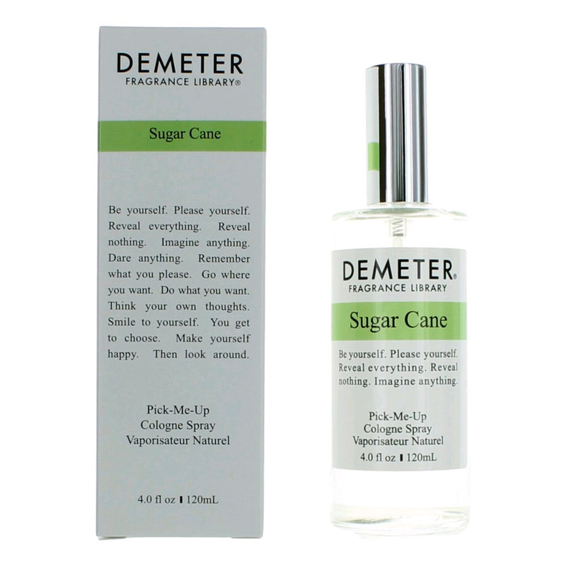 Demeter Sugar Cane 4 oz cologne spray for women, featuring a sleek bottle with a clear label and white cap.