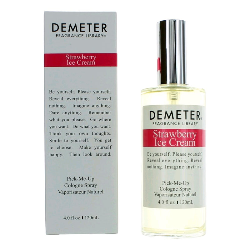 Demeter Strawberry Ice Cream 4 oz cologne spray for women, featuring a fresh strawberry and creamy ice cream scent in a clear bottle.