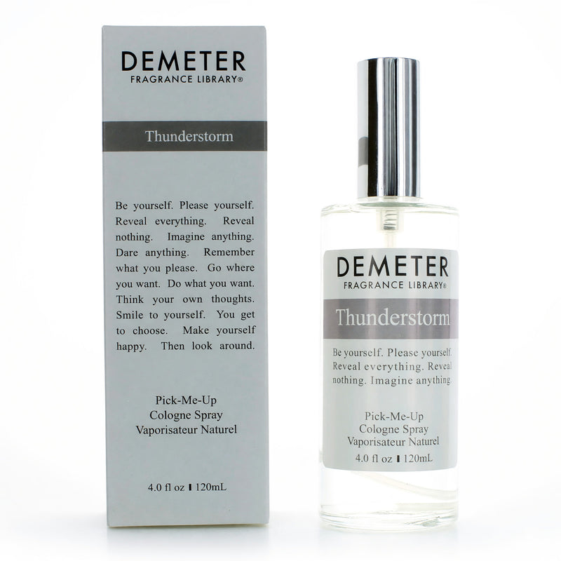 Demeter Thunderstorm 4 oz unisex cologne spray bottle with a sleek design, showcasing the fragrance's fresh, stormy scent.