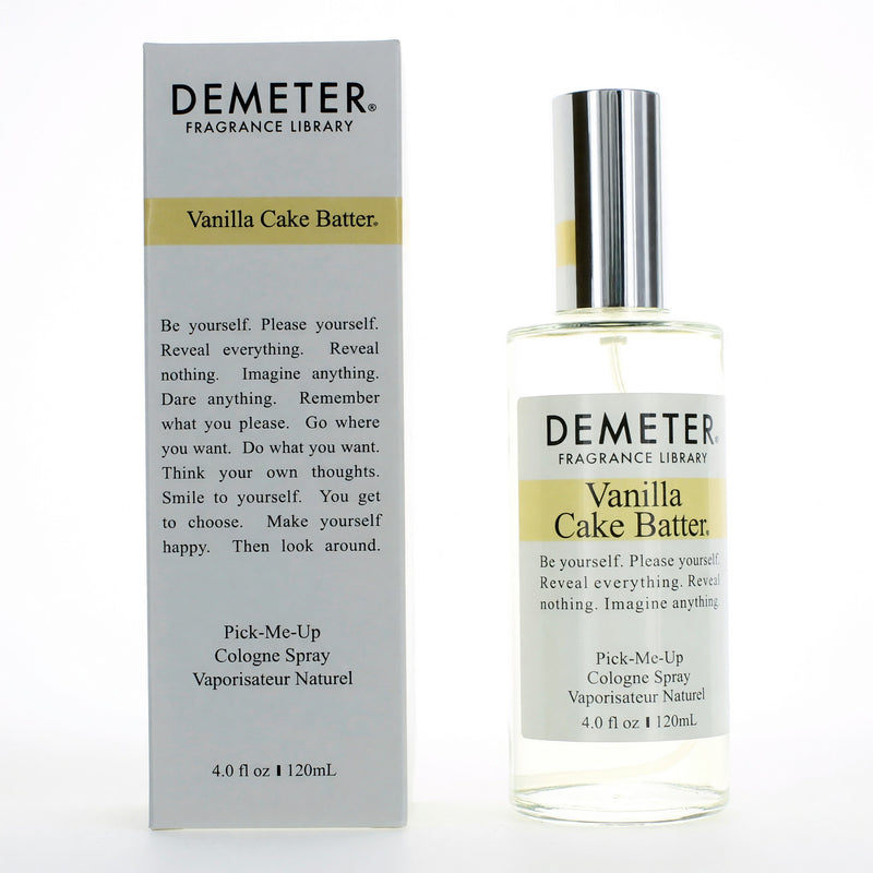 Demeter Vanilla Cake Batter 4 oz cologne spray for women, featuring a decorative bottle with vanilla cake scent.