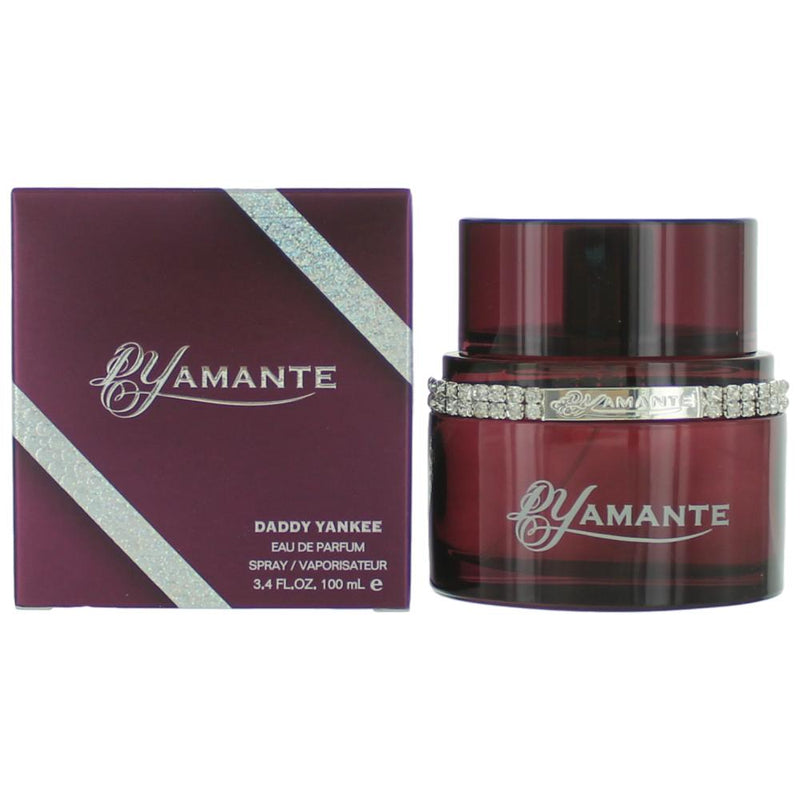 Dyamante by Daddy Yankee 3.4 oz women's EDP spray bottle with floral and fruity design, showcasing the perfume packaging.