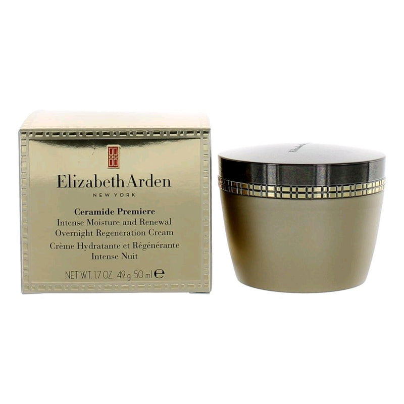 Elizabeth Arden Ceramide Premiere 1.7 Intense Moisture & Renewal Overnight Regeneration Cream jar with product label visible