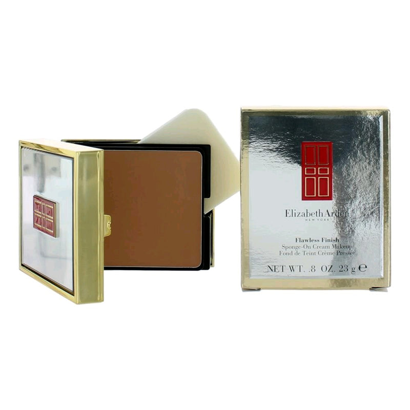 Elizabeth Arden Flawless Finish Sponge-On Cream Makeup in Honey Beige 09, showing the compact sponge applicator and product texture.