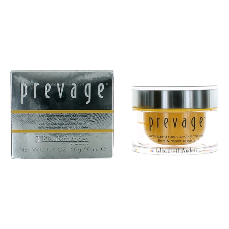 Elizabeth Arden Prevage 1.7oz anti-aging neck and décolleté firming and repair cream, shown in a jar with a silver lid.
