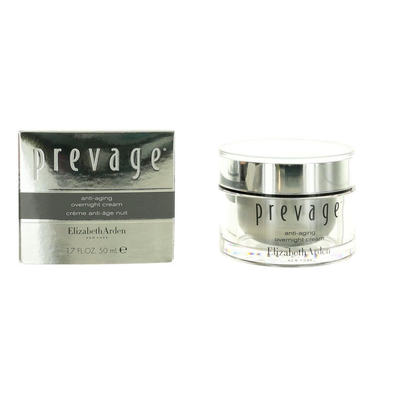 Elizabeth Arden Prevage anti-aging overnight cream jar, 1.7oz, with a sleek silver lid and smooth cream visible inside.