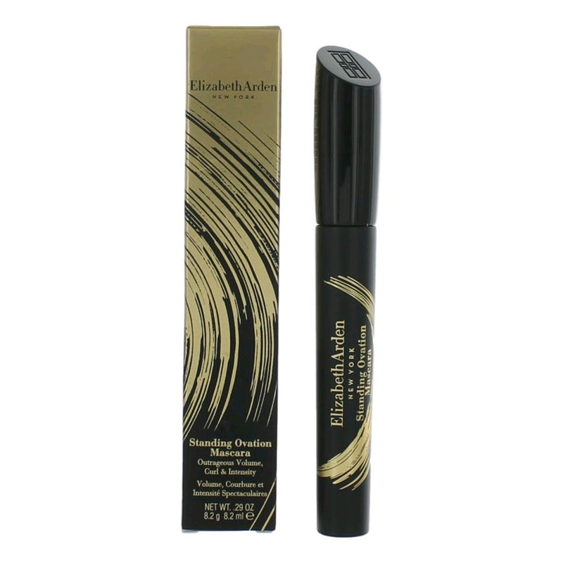 Elizabeth Arden Standing Ovation Mascara in intense black, 0.29oz, with a wand applying mascara to long, voluminous lashes.
