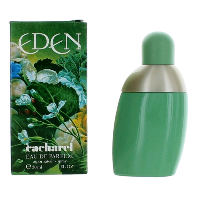 Eden by Cacharel 1 oz women's Eau de Parfum spray bottle, elegant design and clear fragrance packaging visible.