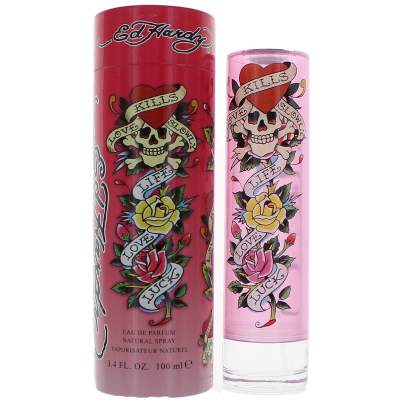 Christian Audigier Ed Hardy women’s 3.4 oz EDP spray with floral and fruity perfume bottle design and elegant packaging.