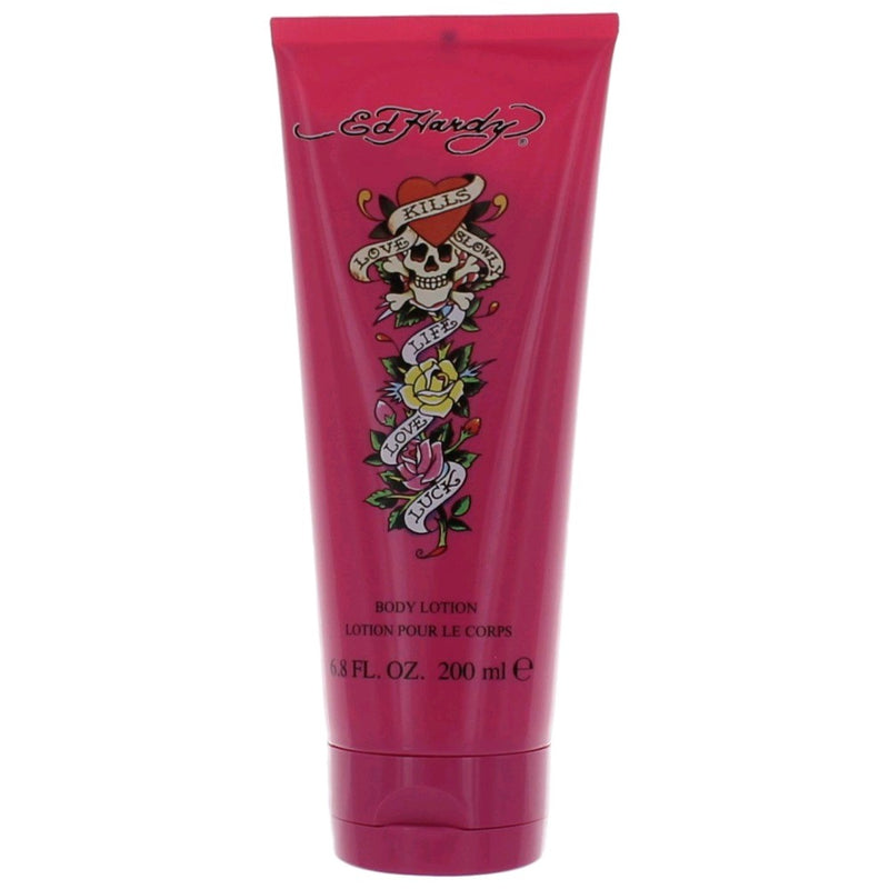 Christian Audigier Ed Hardy 6.7 oz body lotion for women, shown in the physical product image with colorful packaging and branding.