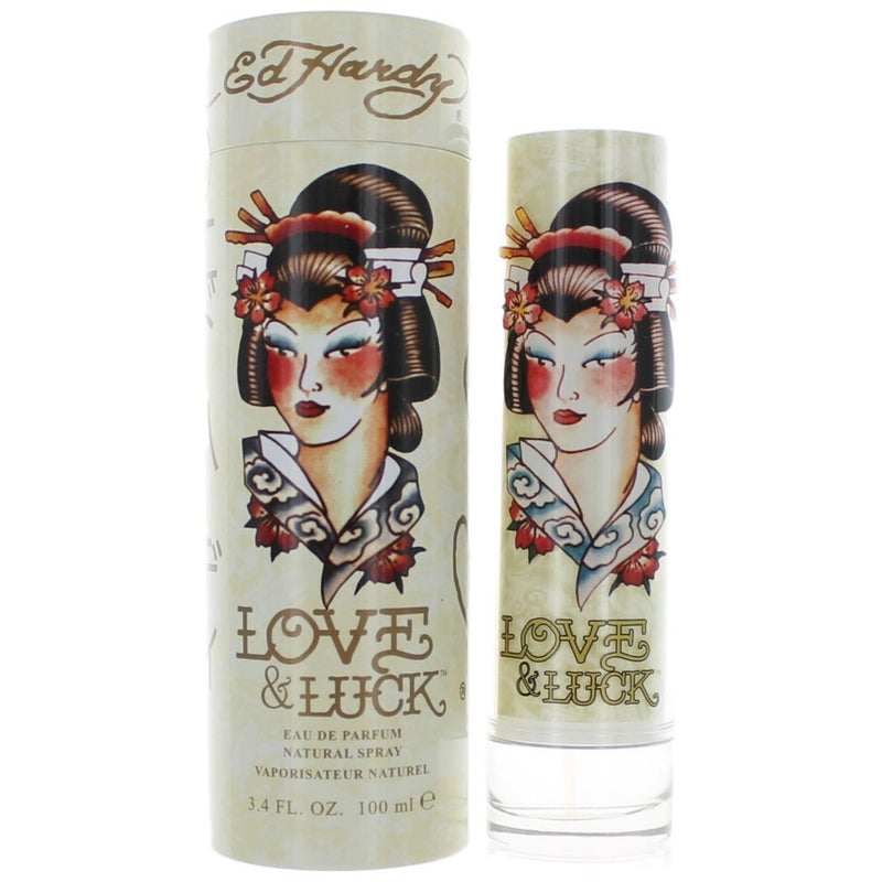 Christian Audigier Ed Hardy Love & Luck 3.4 oz women's EDP spray bottle with colorful floral design.