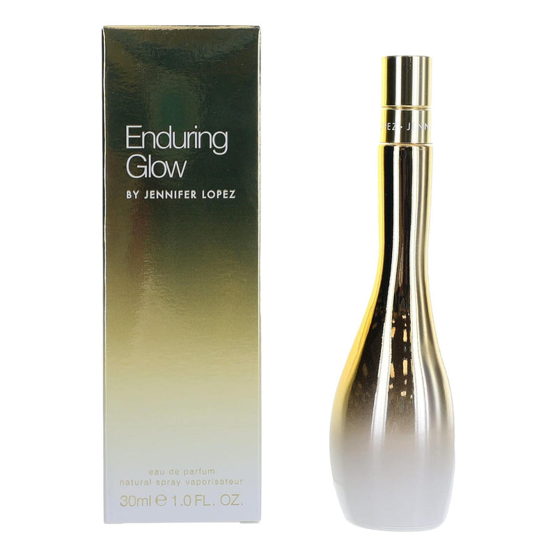 J. Lo Enduring Glow 1 oz women's Eau de Parfum spray bottle, elegant design with clear glass and silver cap.