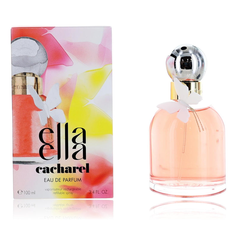 Ella Ella by Cacharel 3.4 oz Eau de Parfum spray for women, featuring the elegant perfume bottle and floral design.