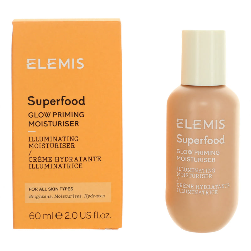 Elemis Superfood Glow Priming Moisturiser in 2oz jar, illuminating physical moisturizer with a smooth, nourishing texture.