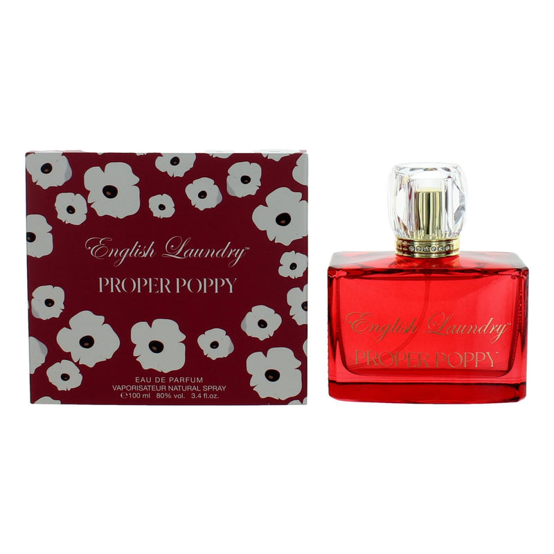English Laundry Proper Poppy 3.4 oz women’s EDP spray bottle, elegant floral fragrance with a sleek design.