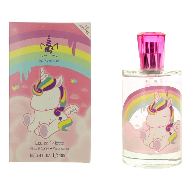 Eau My Unicorn by Air-Val International 3.4 oz EDT spray for girls, featuring a colorful unicorn-themed bottle design.