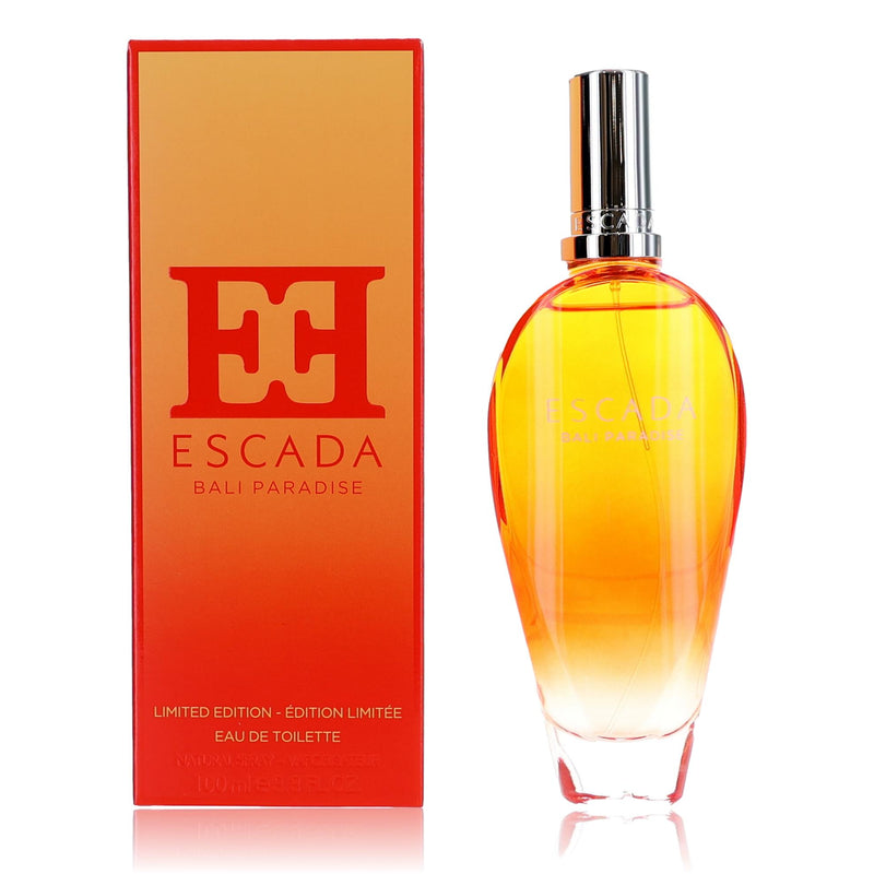 Escada Bali Paradise 3.3 oz women’s EDT spray bottle with floral and tropical design on the packaging.