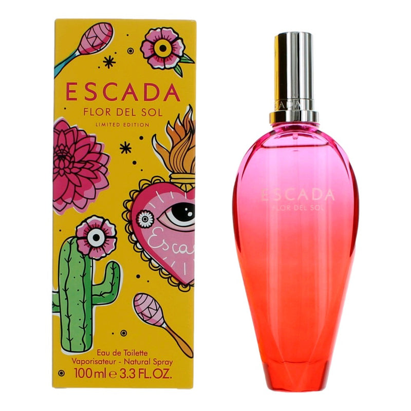 Escada Flor Del Sol 3.3 oz women’s EDT spray bottle with floral-themed packaging visible.