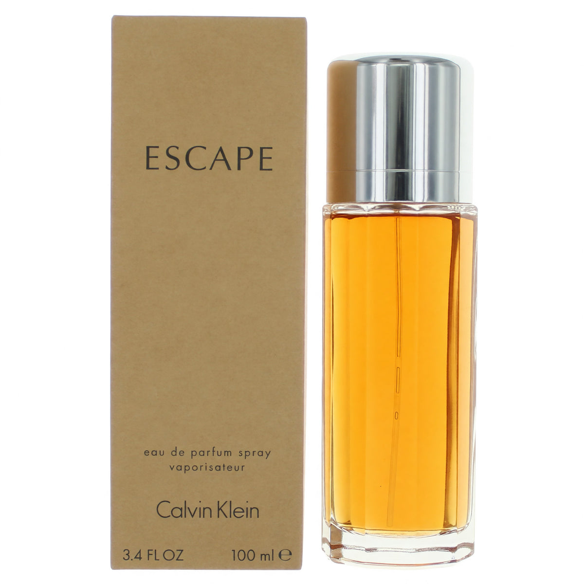 Calvin Klein Escape 3.4 oz women's EDP spray bottle with a sleek, transparent glass design and a silver cap.