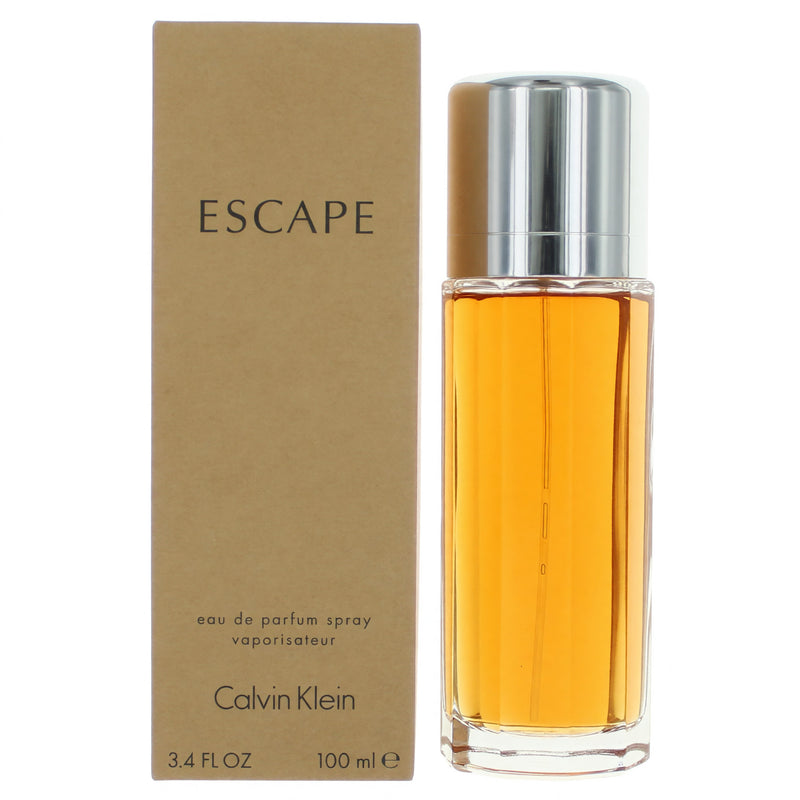 Calvin Klein Escape 3.4 oz women's EDP spray bottle with a sleek, transparent glass design and a silver cap.