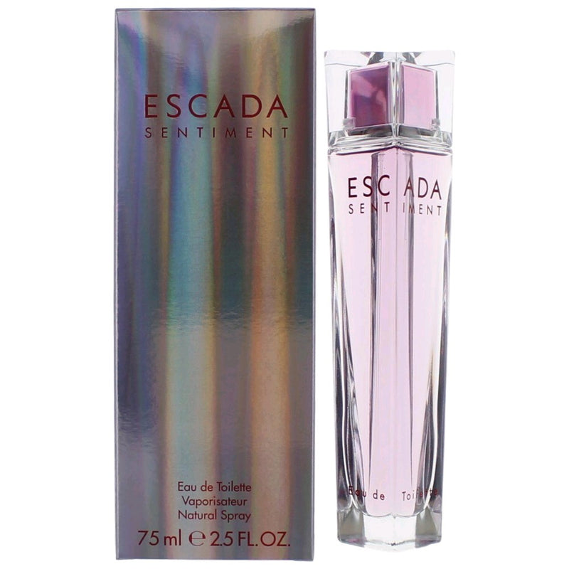 Escada Sentiment women's 2.5 oz EDT spray bottle, elegant perfume for women with floral and fruity notes.