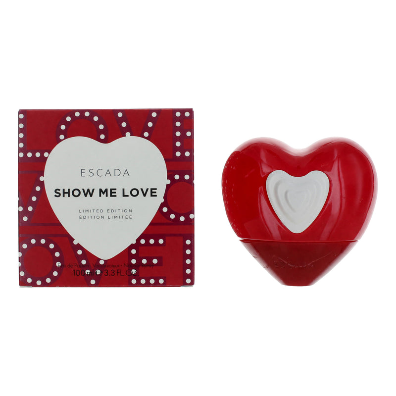 Escada Show Me Love Limited Edition 3.3 oz women's Eau de Parfum spray bottle with elegant packaging.