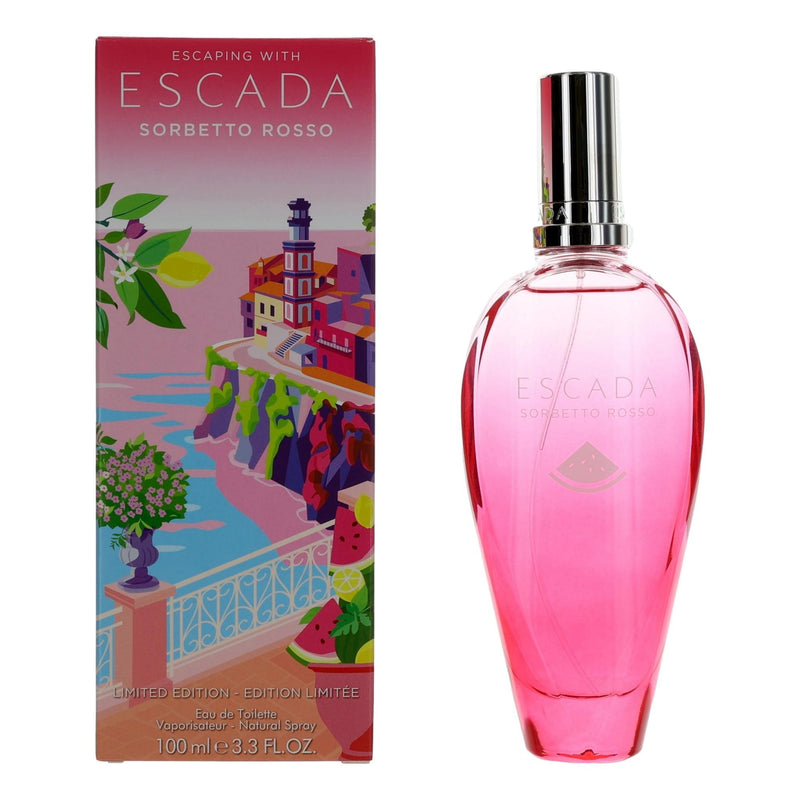 Escada Sorbetto Rosso 3.3oz EDT spray for women, limited edition perfume bottle with vibrant packaging.