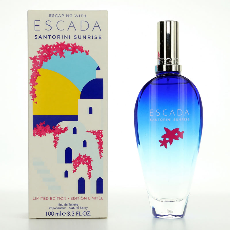 Escada Escaping with Escada Santorini Sunrise 3.3oz women’s EDT spray bottle with floral and citrus design.