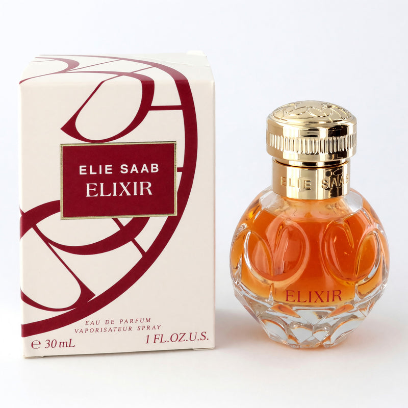Elie Saab Elixir 1 oz women’s EDP spray bottle with elegant packaging and floral fragrance design.