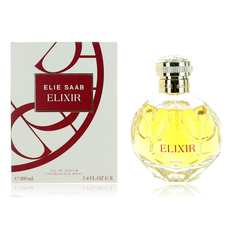 Elie Saab Elixir perfume spray for women, 3.4 oz EDP bottle with elegant packaging, showcasing the luxurious fragrance.