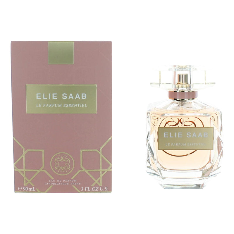 Elie Saab Le Parfum Essentiel 3 oz women's EDP spray bottle, elegant packaging and floral fragrance design.