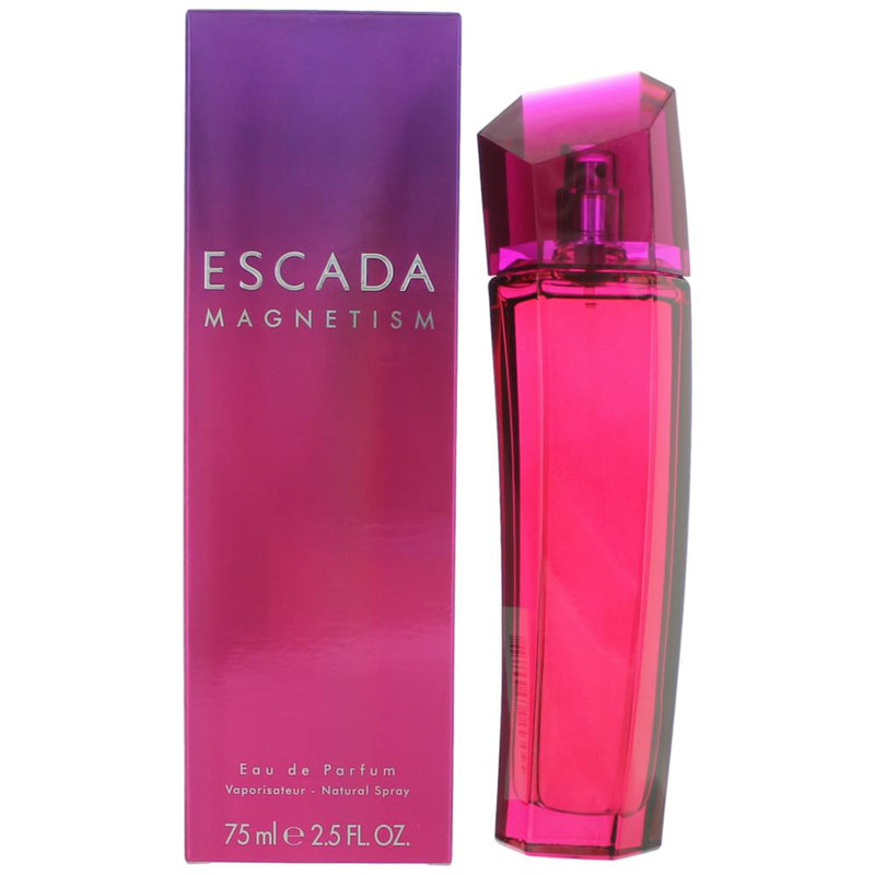 Escada Magnetism 2.5 oz women’s EDP spray bottle with sleek packaging, showcasing the luxury fragrance by Escada.