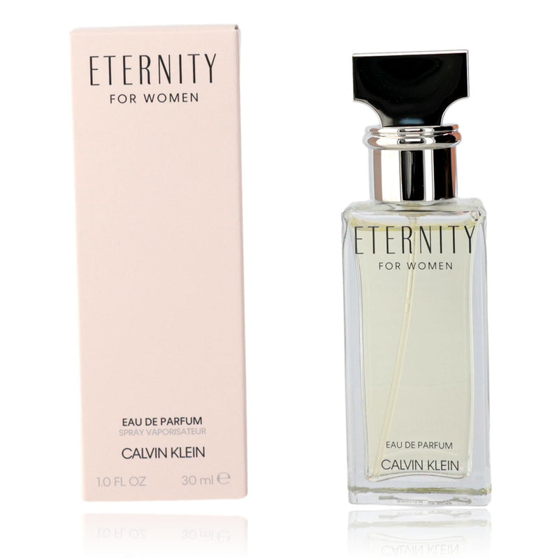 Calvin Klein Eternity 1 oz women’s EDP spray bottle with sleek design and clear packaging.