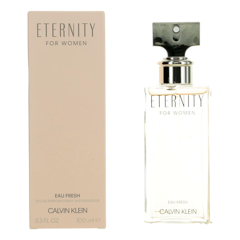 Calvin Klein Eternity Eau Fresh 3.3 oz women’s EDP spray bottle with clear packaging and floral accents.