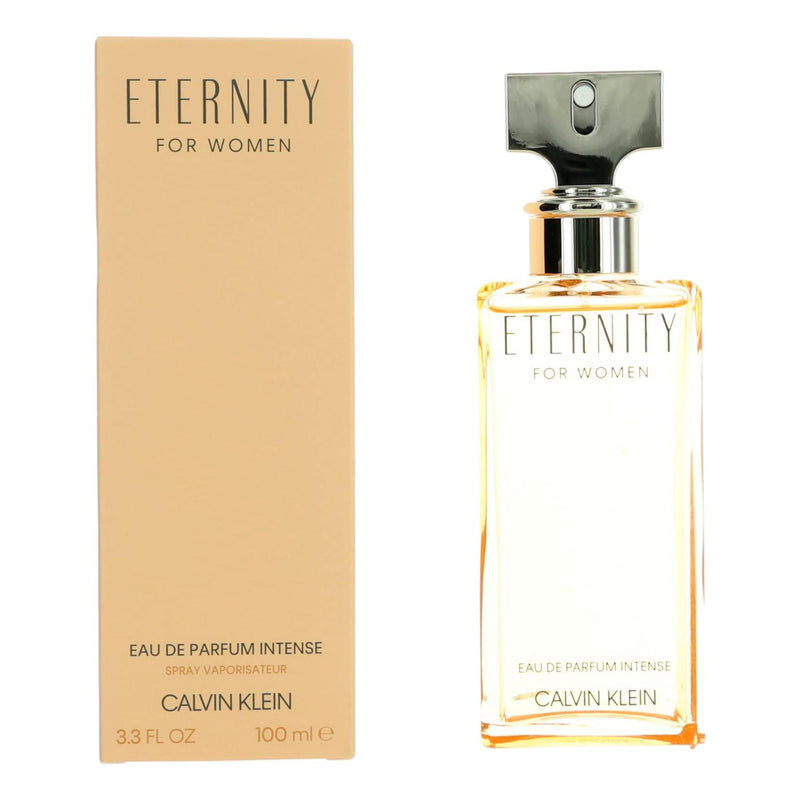 Calvin Klein Eternity 3.3 oz women’s EDP intense spray bottle, sleek design, with floral and fresh scent notes.