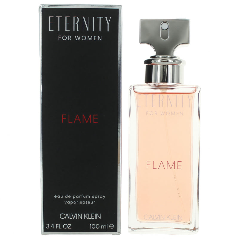 Calvin Klein Eternity Flame 3.4 oz women's EDP spray bottle with floral and warm fragrance notes.