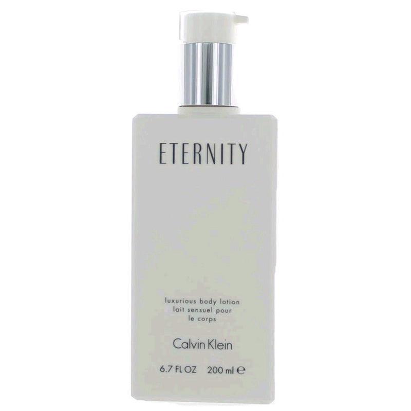 Calvin Klein Eternity 6.7 oz body lotion for women with pump dispenser, smooth and hydrating skincare product.
