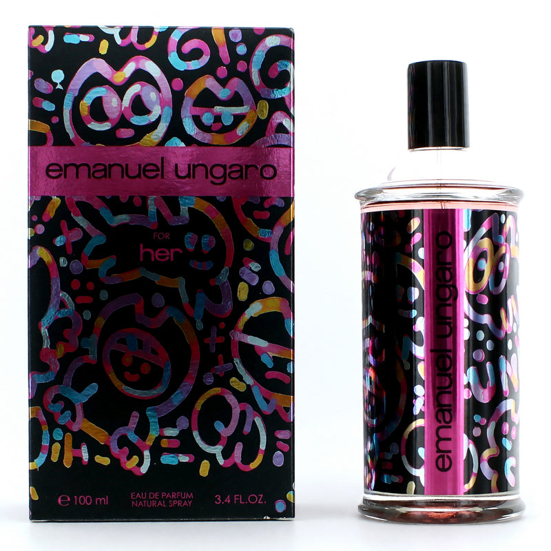 Emanuel Ungaro For Her 3.4 oz women’s EDP spray bottle with elegant packaging and floral design.