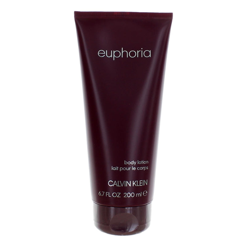 Calvin Klein Euphoria body lotion for women, 6.7 oz, smooth white bottle with gold cap, displayed on a neutral background.