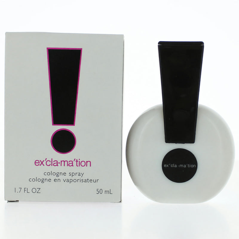 Coty Exclamation women's cologne spray bottle, 1.7 oz, with clear packaging and silver cap, displayed on a plain background.