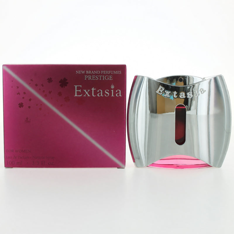 Extasia by New Brand 3.3 oz women's EDP spray, elegant glass bottle with floral design, showcasing the perfume for women