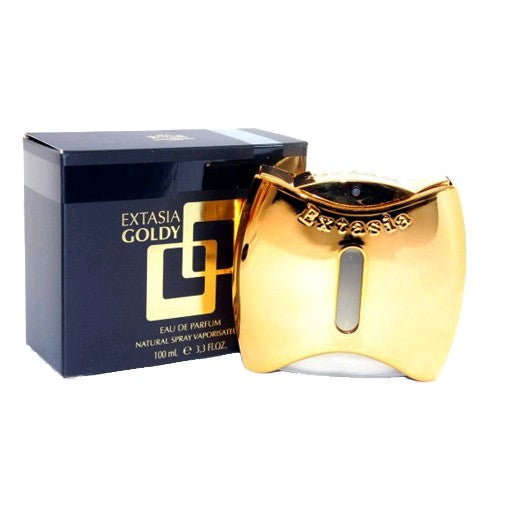 Extasia Goldy perfume spray for women, 3.4 oz EDP by New Brand, featuring a luxurious gold bottle and elegant design.