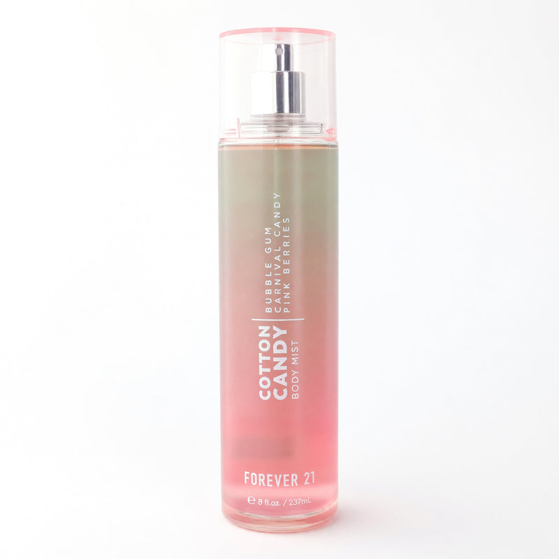 Forever 21 Cotton Candy 8 oz body mist for women, featuring a clear bottle and pink liquid scent, ideal for casual wear
