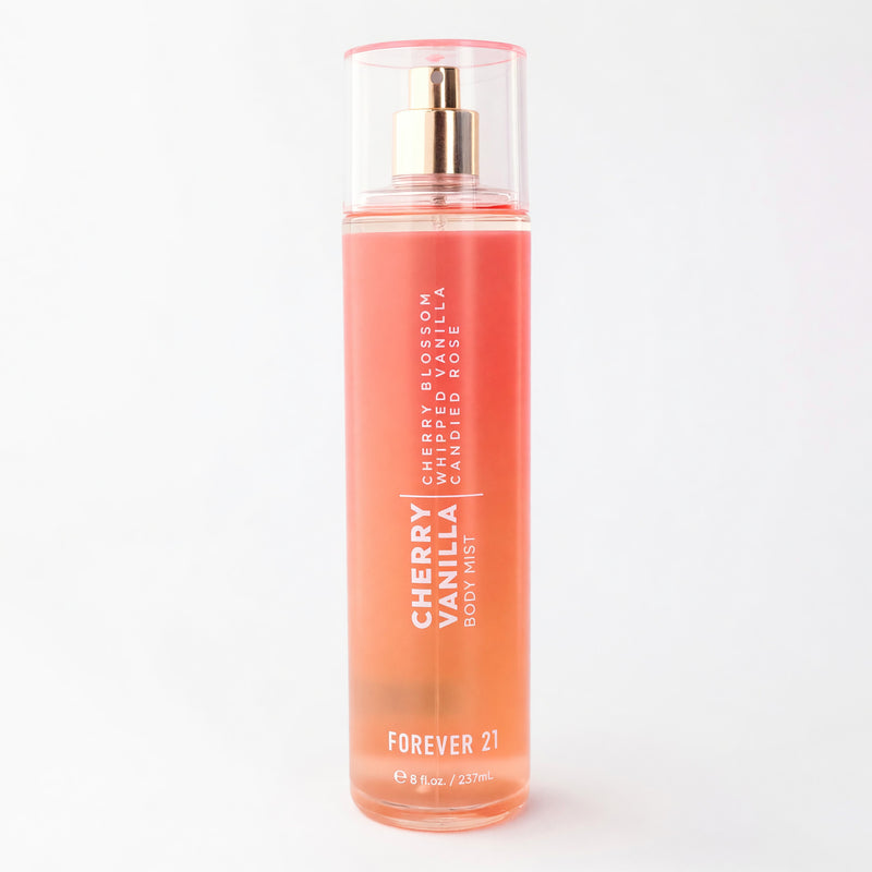 Cherry Vanilla Forever 21 8 oz body mist for women, featuring a clear bottle with a black cap and cherry vanilla scent label.